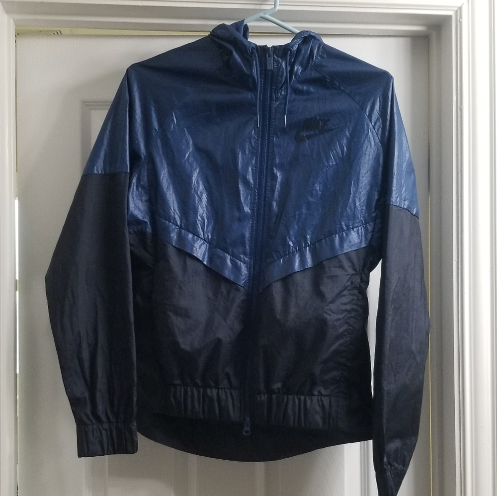 Nike zip windbreaker hooded lightweight rain jacket blue